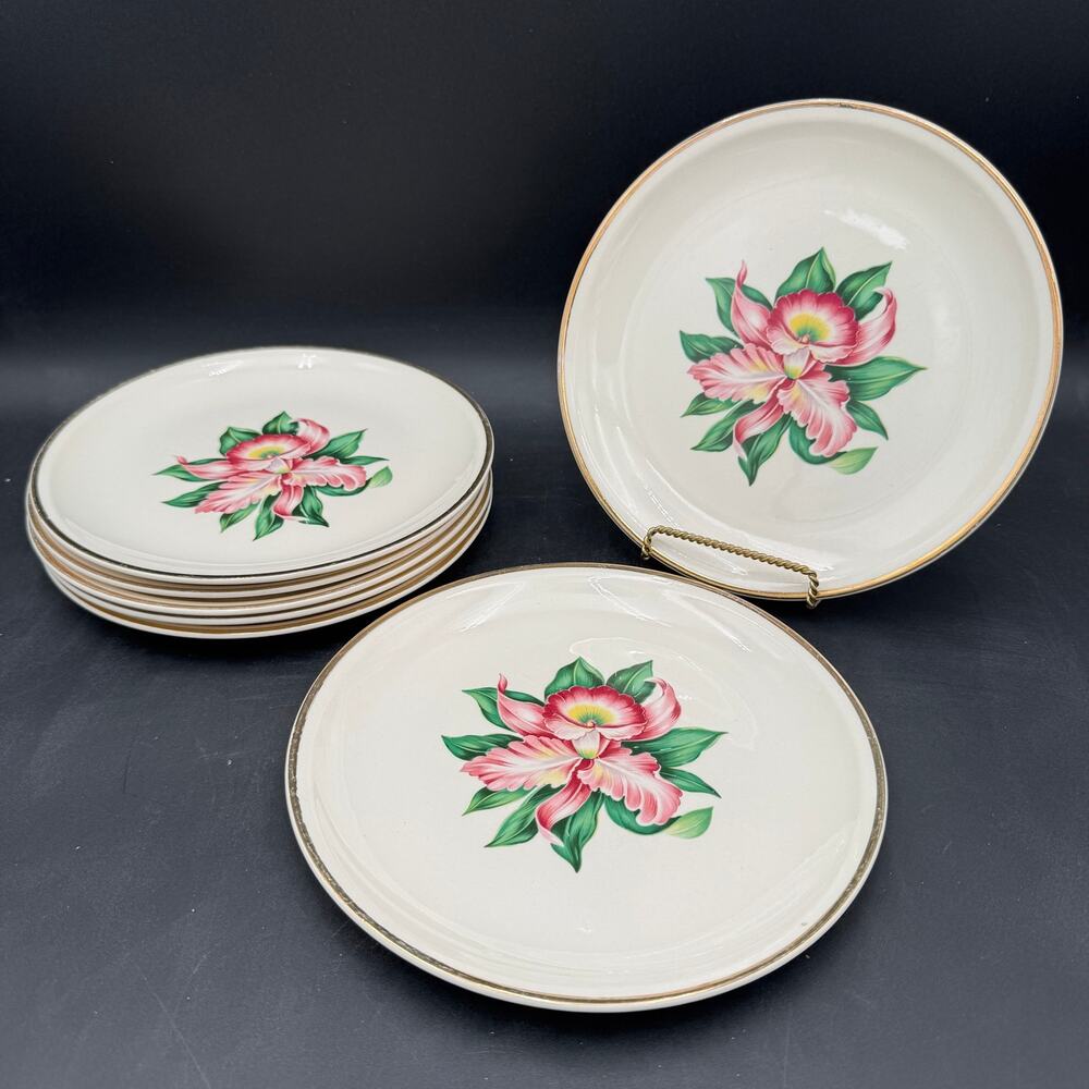 Vintage Dinner Plates (7) in Modern Orchid by Paden City Pottery 22K Gold Rim